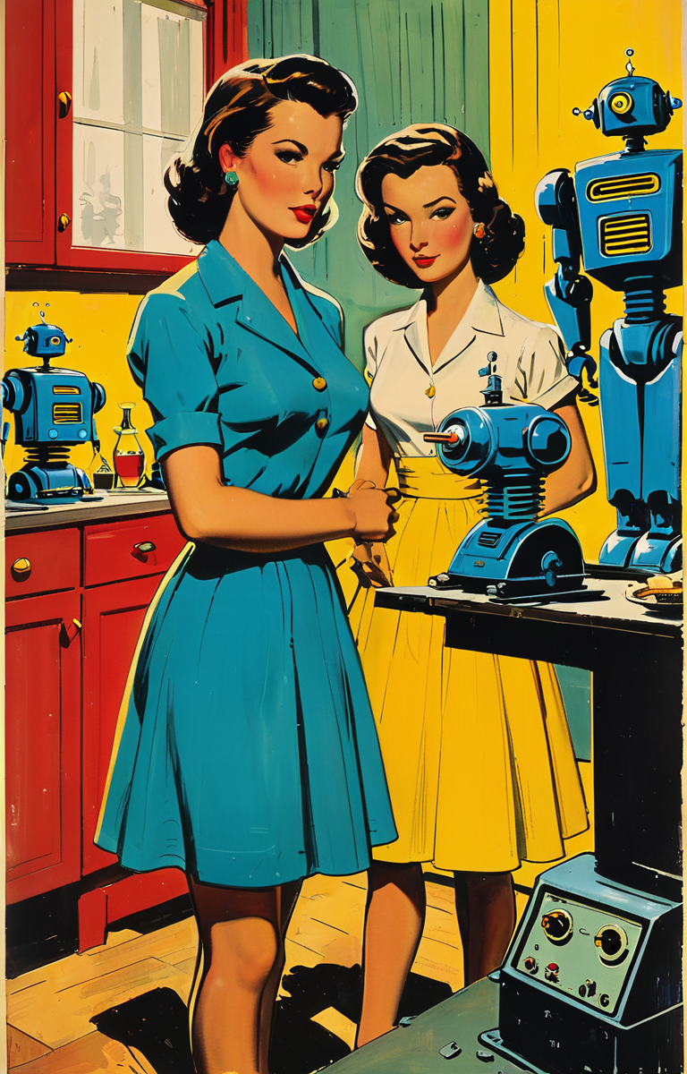 masterpiece,best quality,<lora:tbh369-sdxl:0.6>,illustration,style of Milton Caniff portrait of Housework robots