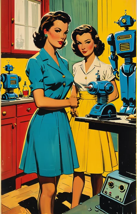 masterpiece,best quality,<lora:tbh369-sdxl:0.6>,illustration,style of Milton Caniff portrait of Housework robots