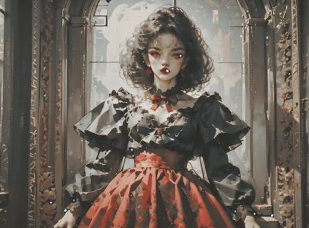 score_9, score_8_up, score_7_up, character portrait, angled, 1girl, pale skin, medium breasts, <lora:sm0k3XLP:1>, <lora:goth_clothes:1>, vampire dress, black details, red lining, Shoulder length hair, unnatural haircolor, <lora:john:1>, <lora:Dark_Retro_Scifi_Aesthetic:1>,
