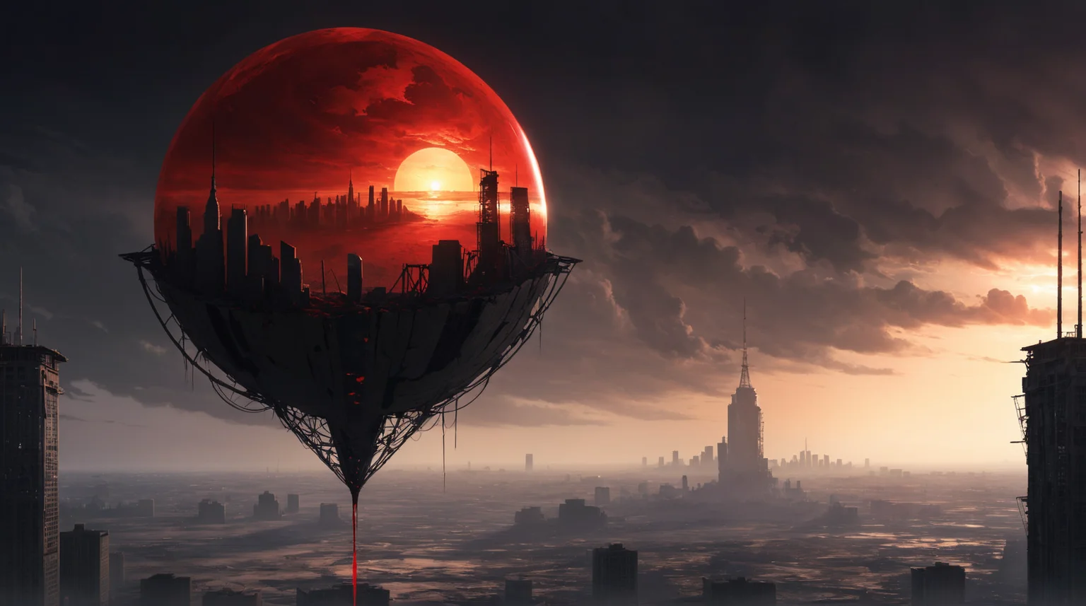 The sun, a blood-red disk, hangs low in the sky, casting long shadows across a desolate wasteland. Crumbling skyscrapers lean precariously, their shattered windows reflecting the fractured world. A tattered flag flutters atop a rusted radio towerâthe last symbol of resistance. Amidst the ruins, a child clutches a cracked hourglass, its sands slipping away. The childâs eyes hold a glimmer of hope, defying the impending darkness.