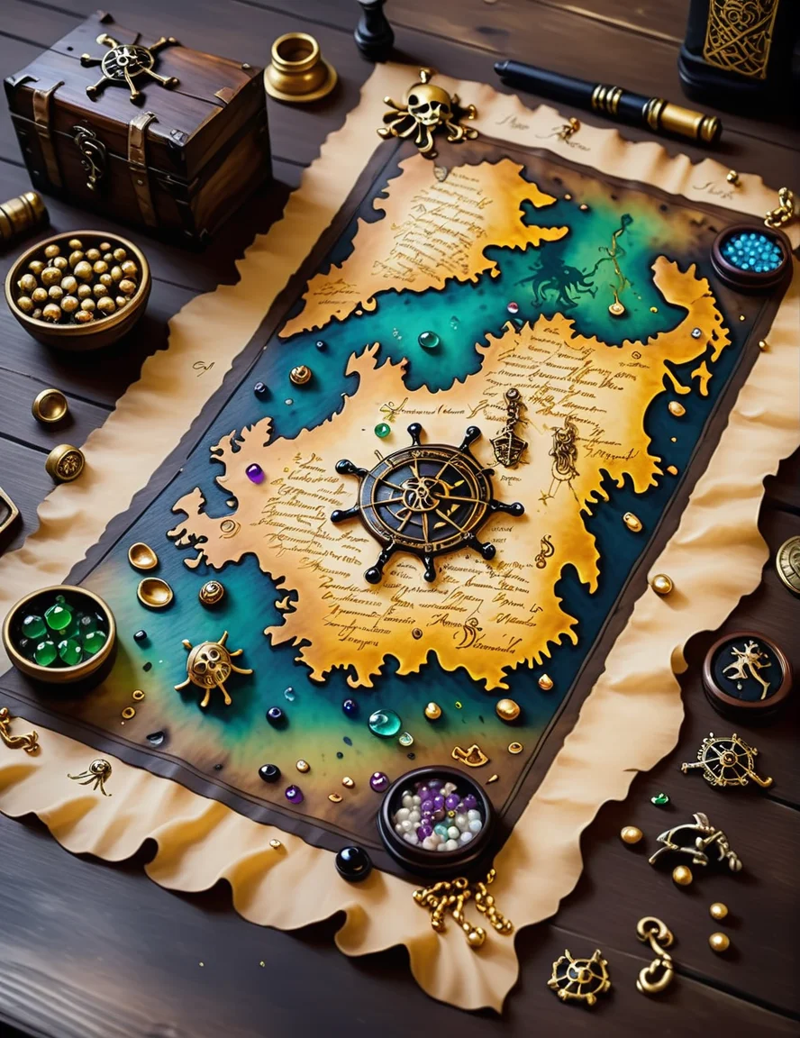 a pirate's treasure map, davy jones<lora:SDXLInkStainsFinal:1> Inkstains, high quality, beautiful,  highly detailed, 8k, fantasy map, treasure map sprawled out on a pirate's desk, gold doubloons, jewels