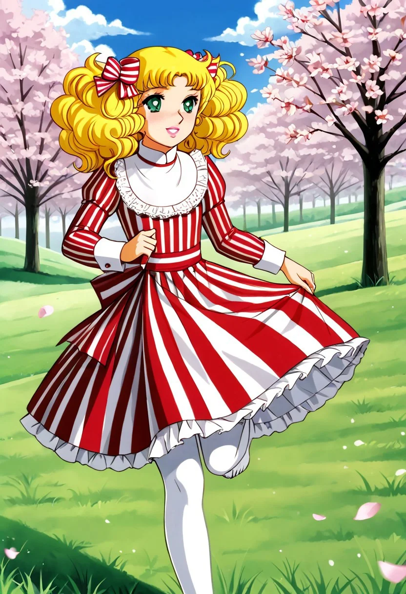 Retro style, 80s style, 1 girl, alone, cute face, green eyes, detailed pupils, pink lips, smiling, blonde hair, curly hair, long hair, pigtails, bun, hair bow, ribbon, medium breasts, puffer dress, red striped dress, knee-length dress, high collar, white lace bib, puff sleeves, white stockings, barefoot, running, depth of field, countryside, grass, hill, trees, cherry blossoms, blue sky, clouds