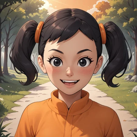 score_9, score_8, BREAK, solo, mii, wii, black hair, twintails, black eyes, dot eyes, blush, open mouth, teeth, orange clothing, black pants, sneakers, wii music, female mii, 1girl, Naoko_(\Wii_Music\), Nintendo Mii, modern_mii, classic_mii, cute, small breasts, sexy pose, self portrait, smile, outdoors, sunlight, shadows, evening lighting, natural lighting, forest, trees, grass, orange sky, sunset