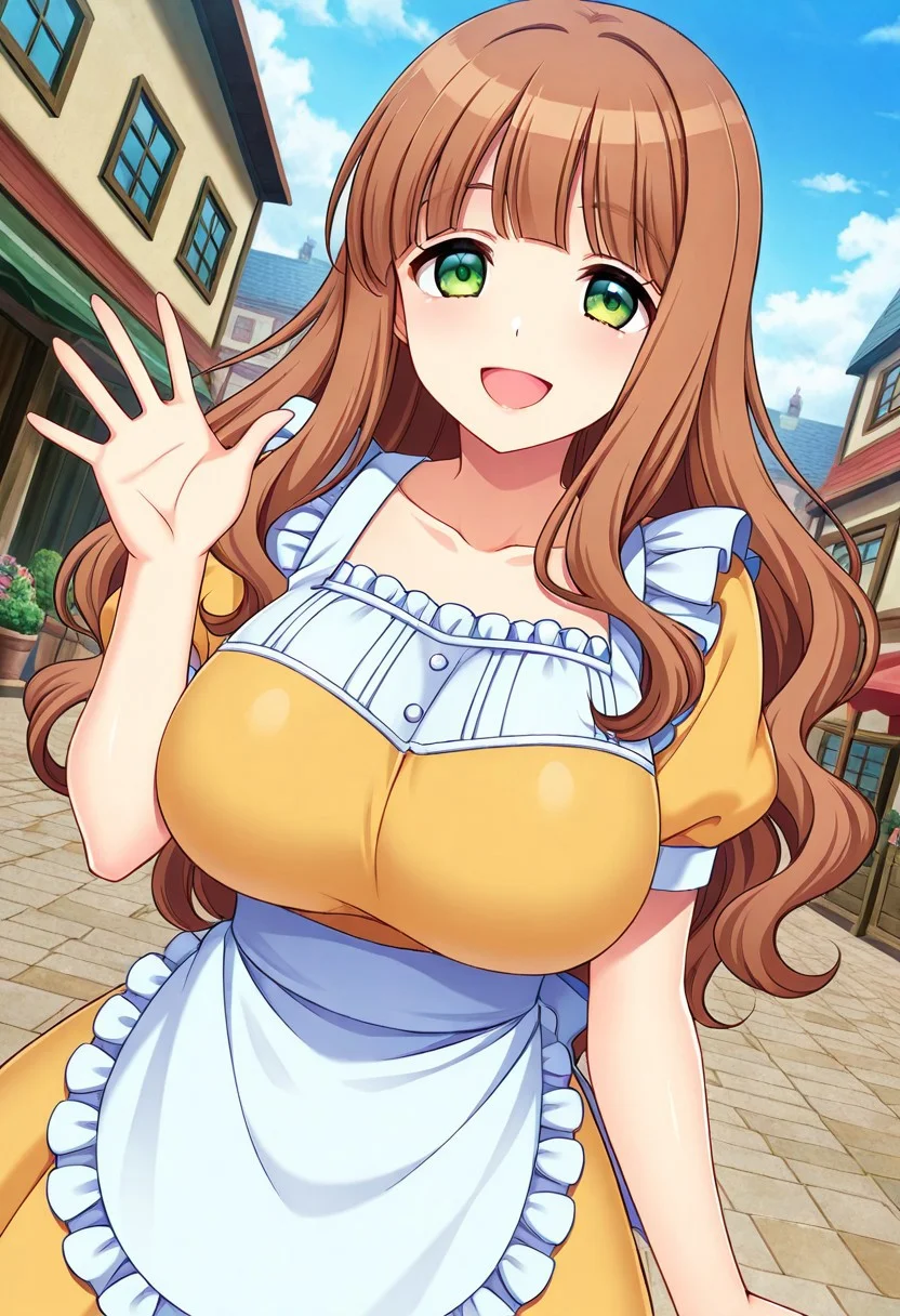 general,highres, ultra-detailed,very aesthetic,best quality ,best hands,best eyes,easynegative,
dynamic anglre, dutch angle, anime cloring,anime screencap,
1girl solo,looking at viewer,town,waving hand, smile,open mouth, 
Alietta,brown_hair, long_hair,wavy hair, green_eyes, huge_breasts,dress,apron,