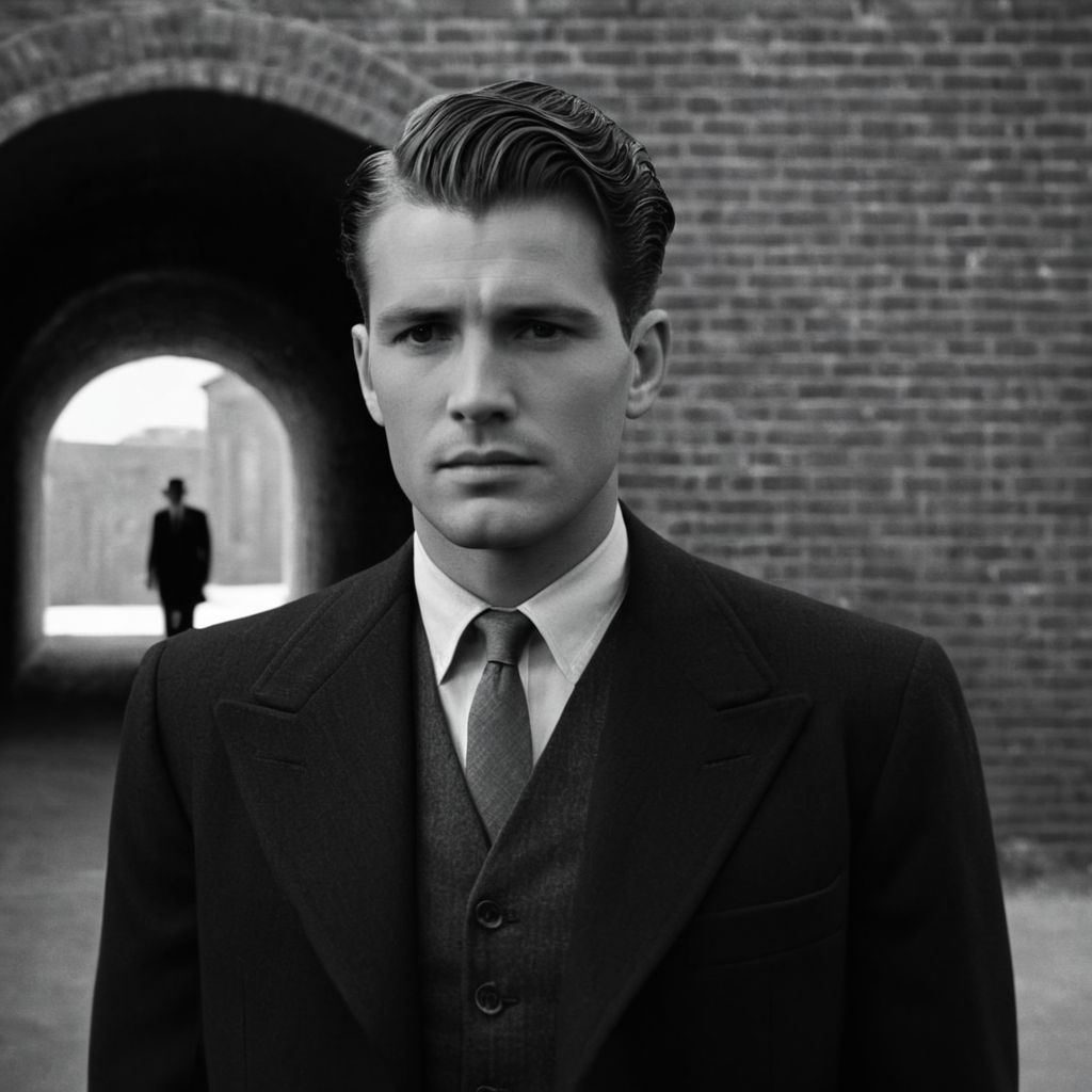 cinematic film still of  <lora:1940's style:1>
In the 1940's a man in a suit and tie standing in front of a brick wall with a tunnel in background,solo,short hair,shirt,1boy,hat,jacket,monochrome,greyscale,male focus,necktie,collared shirt,formal,suit  ,realistic,realism,perfection,perfect,filmic,retro,vintage,classic,different haircut,different look,different style,1940's style , 1940 style, shallow depth of field, vignette, highly detailed, high budget, bokeh, cinemascope, moody, epic, gorgeous, film grain, grainy