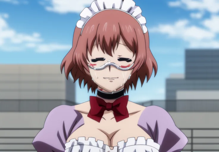 <lora:mask_maid:0.8>, mask_maid, 1girl, solo, cleavage, closed eyes, outdoors, sky, choker, day, cloud, tears, bowtie, blurry, red bow, blue sky, blood, parody, crying, facing viewer