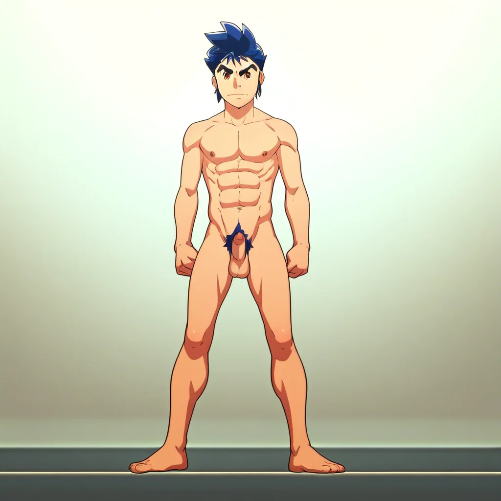 Makoto, 1boy, male focus, solo, blue hair, brown eyes, pubic hair, completely nude, abs, penis, balls, standing,  score_9, score_8_up, score_7_up, score_6_up <lora:vinceteaa_020_04v2-step00000400r:1> good face, good eyes, looking at viewer, full body, standing,