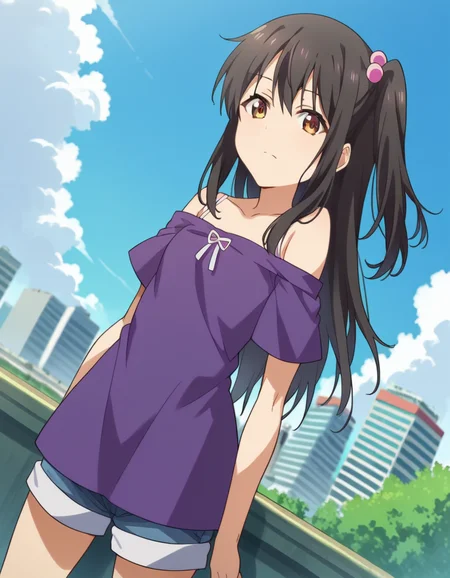 score_9, score_8_up, score_7_up, source_anime,
tenkaadachi, <lora:tenka-adachi-ponyxl-lora-nochekaiser:1>
tenka adachi, black hair, brown eyes, side ponytail, long hair, hair bobbles,
shorts, off shoulder, dress, purple dress,
outdoors, cityscape,
looking at viewer, dutch angle, cowboy shot,
