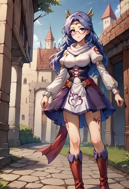 score_9, score_8_up, score_7_up,   <lora:tialuna-pdxl-nvwls-v1-000006:1.0> tialuna, blue hair, purple eyes, facial mark, tattoo, circlet, hair ornament, scarf, medium breasts , <lora:emma-rebake3:0.8>, bare legs, breasts, glasses, long sleeves, purple corset dress, red laces, white under skirt, knee boots, white juliet sleeves