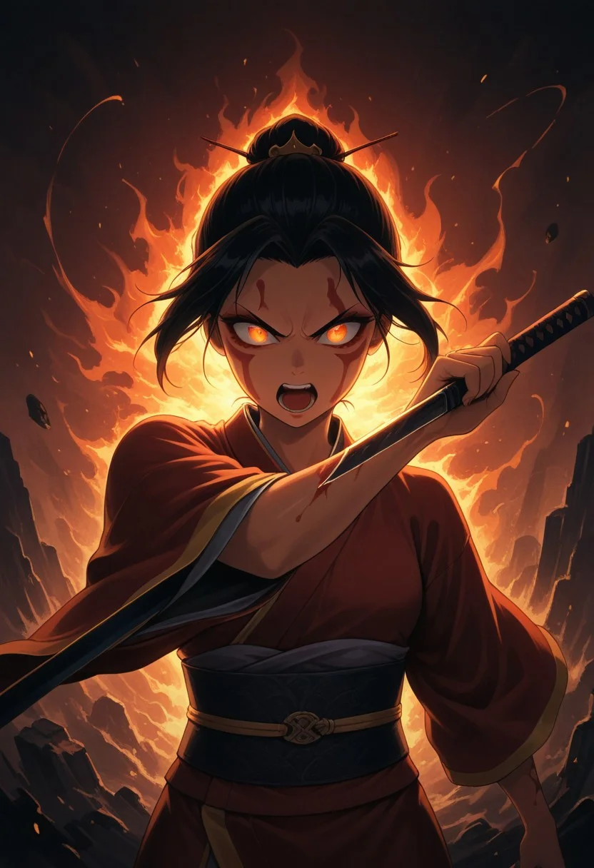 masterpiece,best quality,amazing quality, absurdres, Classical Chinese Brush and Ink, Chinese letter 蛇, 1girl, Azula, burning eyes, glowing eyes, holding katana, ready to attack, kimono, upper body, angry, shouting, burning katana, katana attack, engulfed in hellfire, hell background, Sinoink, minimalist, 1snake leaping towards viewer, face war paint
