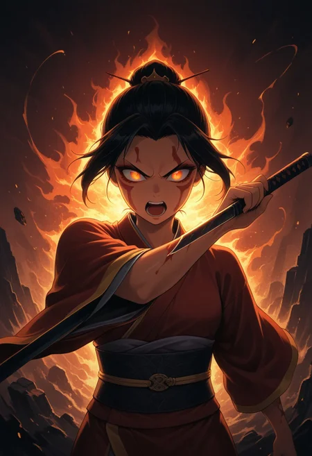 masterpiece,best quality,amazing quality, absurdres, Classical Chinese Brush and Ink, Chinese letter 蛇, 1girl, Azula, burning eyes, glowing eyes, holding katana, ready to attack, kimono, upper body, angry, shouting, burning katana, katana attack, engulfed in hellfire, hell background, Sinoink, minimalist, 1snake leaping towards viewer, face war paint