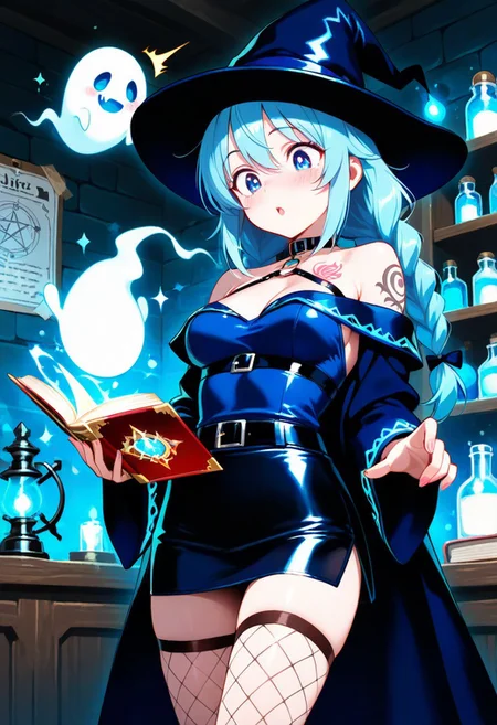 highres, very detailed, amazing quality, masterpiece,
very aesthetic,
glitter, particle effect,
1woman, solo, beautiful eyes, strong face, double braided ponytail, tattoo, arm tattoos, neck tattoos, chest tattoos, skimpy top, body strap harness, fishnet leggings, mini skirt, mage outfit, mage hat, off shoulder, medium breasts, choker, visible shoulders, blue hair,
seducing, seductive, flirty, loving, playful,
Looking down, reading a book, magical book, casting a spell, magic in hands, magic energy on hands,
Mage's tower, magic lab, Smokey room, torches, ripped banners, magic potions on shelves, glowing potions,
cute Ghost, ghostly head, ghost coming out of book, summoning a ghost, Girl looking at ghost, Ghost looking at girl, cute playful ghosts,
Surprised expression, shocked,