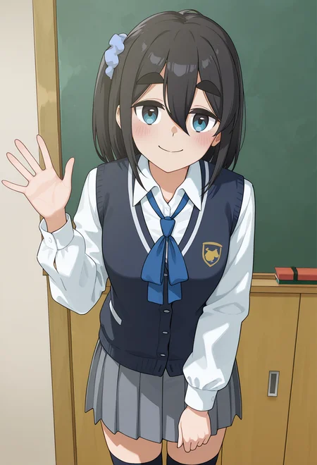 <lora:Satsuki AMAMIYA_illustrious-000056:1>,
Satsuki AMAMIYA,side ponytail,blue scrunchie,thick eyebrows,white shirt,blue necktie,pleated skirt,vest,black thighhighs,
solo,smile,scrunchie,looking at viewer,shirt,blush,collared shirt,hair ornament,closed mouth,vest,school uniform,necktie,indoors,cowboy_shot,upper_teeth,waving