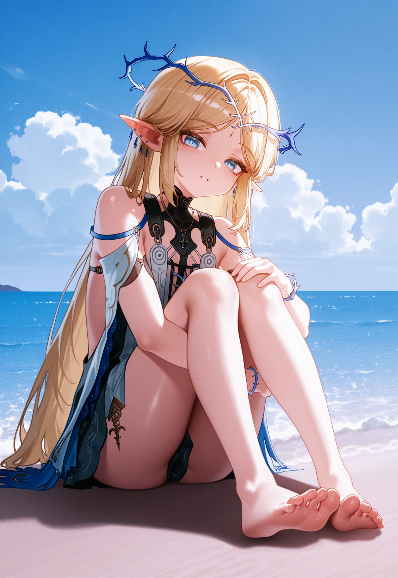 (artist:nekodayo22:0.8,) [artist:nyantcha:0.6, artist:sweetonedollar:0.8, artist:quasarcake:0.8, artist:stmast:0.6, artist:tianliang duohe fangdongye:0.6,]
1girl, solo, sitting, full body, cartethyia \(wuthering waves\), looking at viewer, blue eyes, parted bangs, parted lips, elf, circlet, bracelet, dress, bare shoulders, jewelry, knees up, barefoot, foot focus, 
blue sky, clouds, ocean, 
masterpiece, best quality, amazing quality, [[[[very aesthetic]]]], <lora:cartethyia-wuthering_waves:1>