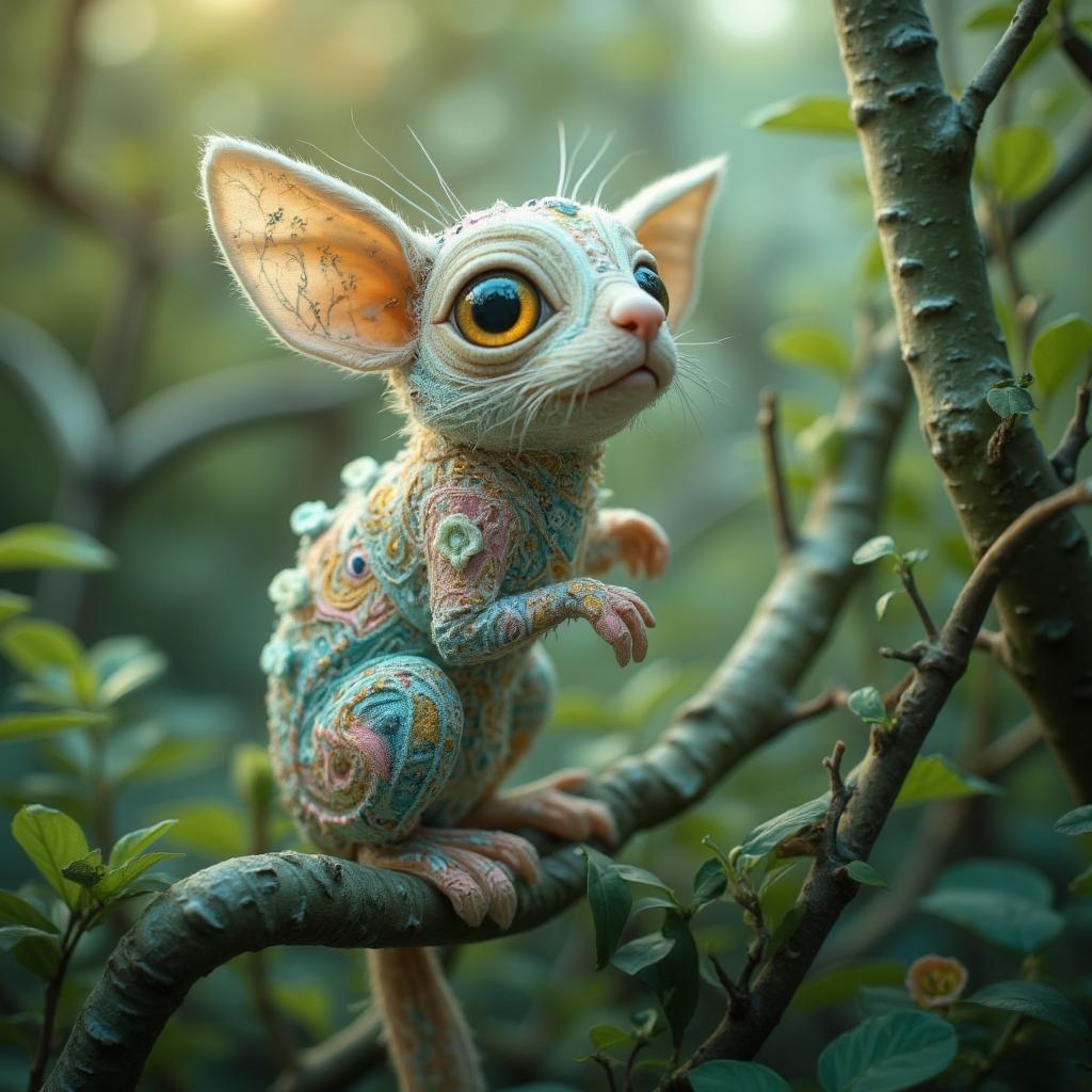 <lora:6B4426DED9C7CABDB1A44E006C07827E6A493CF5D6B917CCB5D49D661FEF650C.safetensors:1> a dream-concept
realistic portrait, RAW Photo of a
In the heart of a forest bathed in gentle, dappled light, a whimsical creature perches on a branch twisted like a spiral staircase. Its enormous, golden eyes, crafted from delicate, shimmering fabric, gaze with an enigmatic curiosity towards the horizon. The creature’s body is a patchwork of soft, pastel fabrics—pinks, teals, yellows, and violets—stitched together with intricate, visible seams. Each segment is adorned with tiny beads and sequins, creating a jewel-like sparkle that catches the light.
Its slender fingers, made of plush, velvety material, grip the branch with gentle curiosity. The branch itself is a blend of green and blue fabrics, its surface embroidered with delicate floral patterns that seem to sway in the breeze. The creature’s ears, adorned with tiny, sparkling stars, catch the late afternoon sun, casting a gentle, ethereal glow that hints at secrets whispered by the forest.
The background is a dreamy tapestry of soft, diffused hues, with leaves and branches fading into a misty, pastel green and blue. The entire scene is suffused with a mystical ambience, as if the forest itself is a handcrafted, enchanted garden. The creature, poised on the edge of discovery, seems to sense a great journey unfolding, each stitch and embellishment telling a story of wonder and magic.