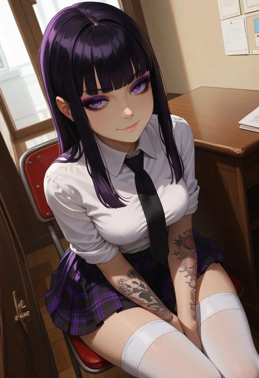 (score_9, score_8_up, score_7_up), 1girl, solo, black hair, purple eyes, long hair, straight bangs, 26 years old, medium breasts, (goth:1.1), ass, eyeshadow,
(white shirt, black tie, checkered pleated skirt, white stockings, thighighs:1.1), checkered skirt, hime cut, rolled up sleves, standing, looking out window,
tattoo, tattoo on body, tattoo on arm, from above,
Expressiveh, sitting, chair, desk,
fisheye, (dutch angle, face close-up, face focus :1.5),
(hallway, indoors:1.1), college,
(smug:1.1),