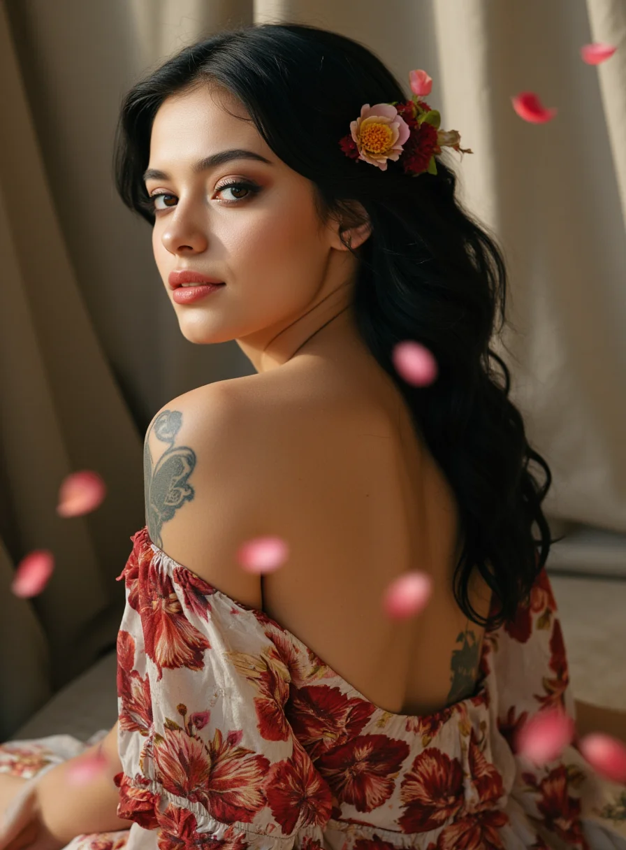 French teenage girl, floral dress, open shoulders, from behind, beautiful face, thick eyelashes, glossy eyes, black hair, cute smile, dark eyeshadow, shoulders tattoos, back tattoos, floral decoration in hair, falling petals, beautifully backlit, wide shot, intricate details, Extremely high-resolution details, photographic, realism pushed to extreme, fine texture, incredibly lifelike