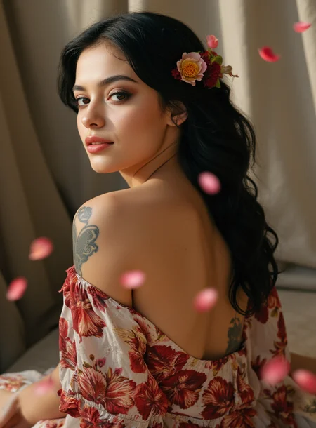 French teenage girl, floral dress, open shoulders, from behind, beautiful face, thick eyelashes, glossy eyes, black hair, cute smile, dark eyeshadow, shoulders tattoos, back tattoos, floral decoration in hair, falling petals, beautifully backlit, wide shot, intricate details, Extremely high-resolution details, photographic, realism pushed to extreme, fine texture, incredibly lifelike