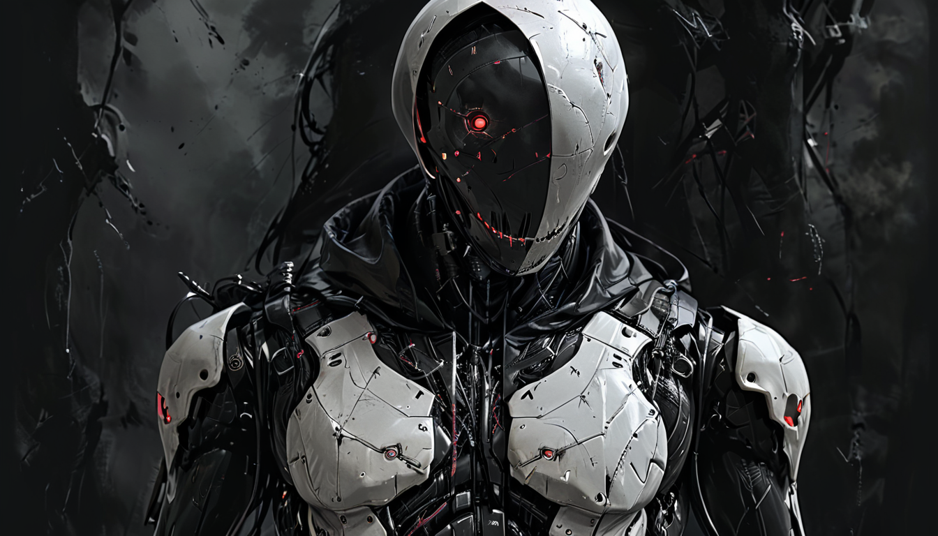 comic a black and white robot with red eyes, artstyle andree wallin, hooded skull, spectres, assassin, skull on the chest, highly detailed character, ((skull)), machine revolution, black mask, morphing skulls, male cyborg military commander, noface, graphic illustration, comic art, graphic novel art, vibrant, highly detailed, 