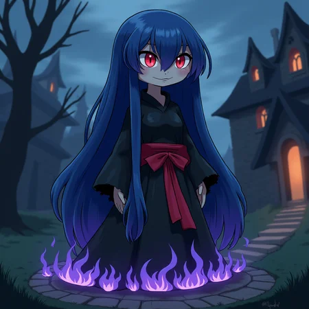 a gloomy-looking fluxfakemon that is a tall, witch-like humanoid with a black gown-like body. Around its waist, there is a red sash. Instead of legs, blueish-purple flames flicker beneath its skirt. Its arms have frayed sleeves that fully cover its hands . The left eye has long eyelashes and a red pupil. Long blue hair covers the whole right side of its face. It is standing outside a dark gothic mansion<lora:Flux_Fake_Pokemon:0.8>