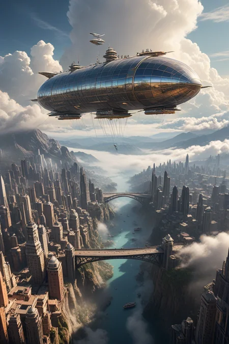Floating above the sea of clouds, a breathtaking metropolis composed entirely of glass and steel structures, connected by suspended bridges and airships, offering a unique blend of urban life and ethereal beauty.