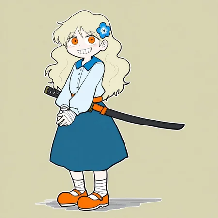 Sentaku-bune, BREAK, 1girl, solo, (medium height, pale blonde hair, long hair, wavy hair, (Nemophila, flower in hair, one flower), orange eyes, white blouse, blue shirt collar, long sleeves, blue skirt, mary janes, orange footwear, orange belt, katana sheath, white leg wraps, white hand wraps), standing, smiling, showing teeth, hands together, simple background, full body,