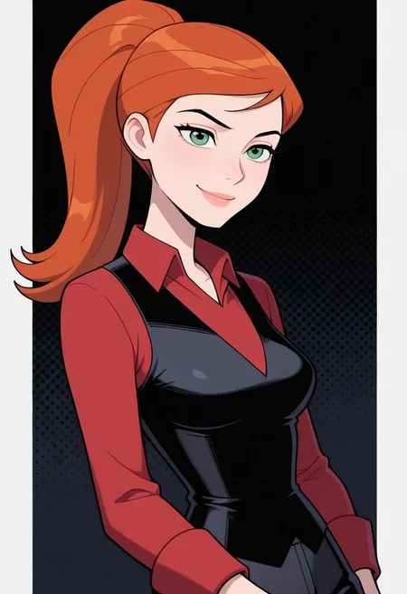 gwenuaf, 1girl, ponytail, solo, green eyes, orange hair, lips, breasts, red collared shirt, , long sleeves, red shirt, black vest,, black pants,, smile, upper body, halftone effect, white borders, abstract background:1.2, , masterpiece, best quality, amazing quality, very aesthetic, absurdres, newest, black background,