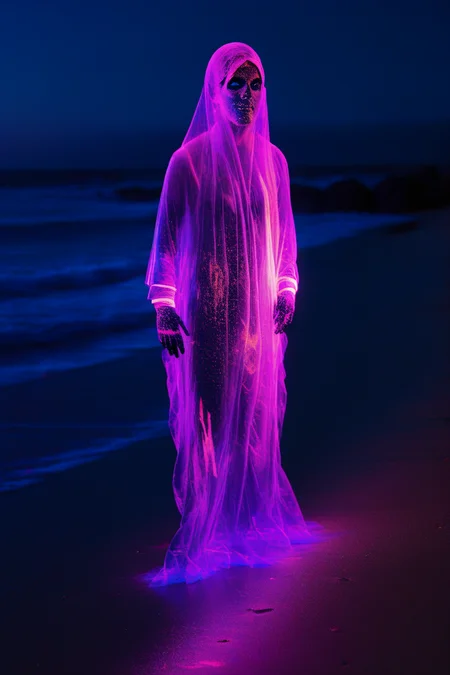 blacklight makeup a transparent ghost at night on the beach with