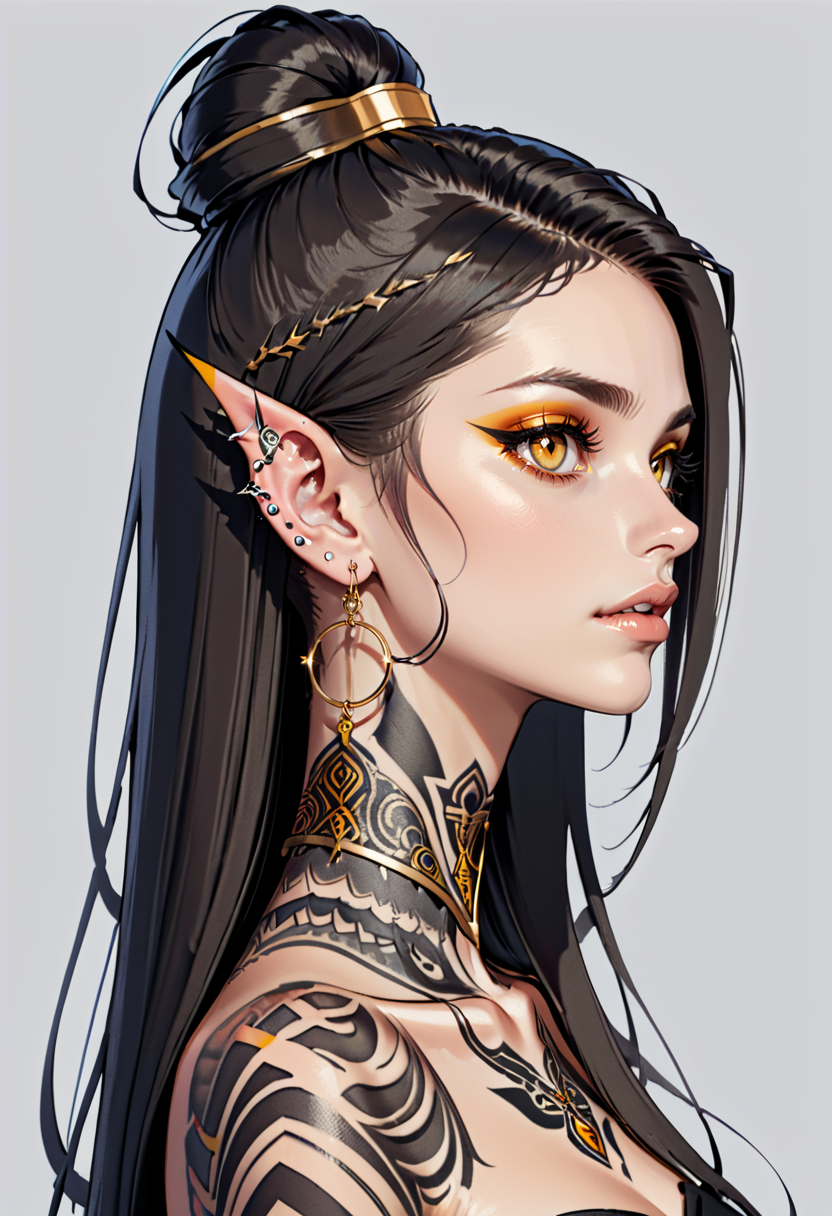 AnidskXL,  1girl,  collarbone,  colored skin,  earrings,  facial mark,  grey background,  hoop earrings,  jewelry,  lips,  long hair,  makeup,  pointy ears,  portrait,  profile,  simple background,  solo,  tattoo,  yellow eyeso , <lora:AnimeSDXLv1:0.8>