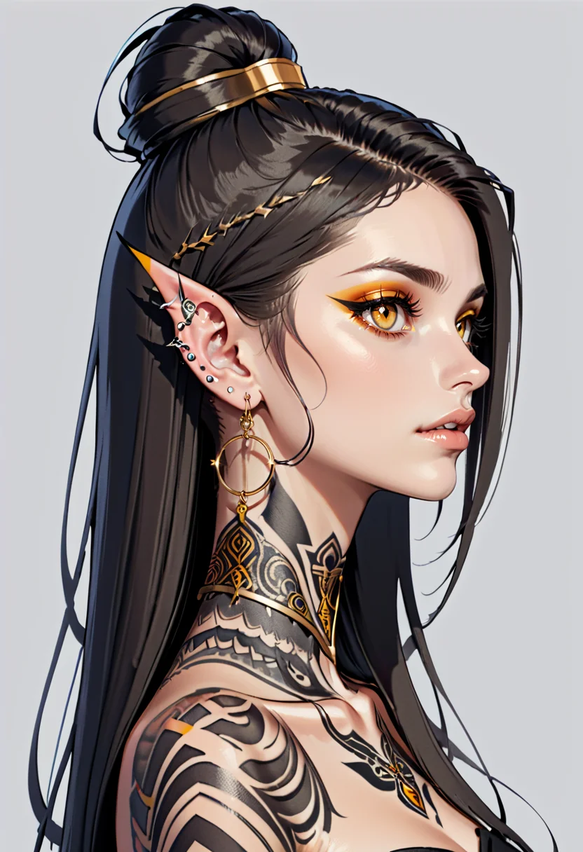 AnidskXL, 1girl, collarbone, colored skin, earrings, facial mark, grey background, hoop earrings, jewelry, lips, long hair, makeup, pointy ears, portrait, profile, simple background, solo, tattoo, yellow eyeso , <lora:AnimeSDXLv1:0.8>