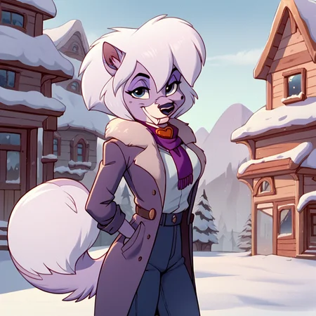 score_9, score_8_up, score_7_up, score_6_up, score_5_up, score_4_up, <lora:DixieBaltoPNY:1>, dixiefrbalto, body fur, dog, two tone fur, purple fur, collar, blue eyes, solo, white hair, tail, outside, snow, trees, animal ears, looking at viewer, buildings, smile, fangs, furry female, furry, anthro, wearing coat and scarf, standing, anthropomorphic, shirt, jeans, slim waist, medium breasts, (source furry),