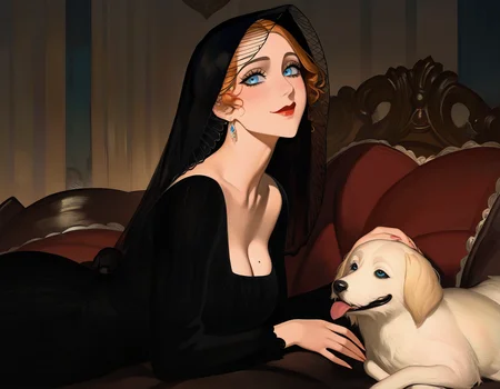 masterpiece, best quality, newest, absurdres, highres, 1girl, blue eyes, solo, dog, veil, long sleeves