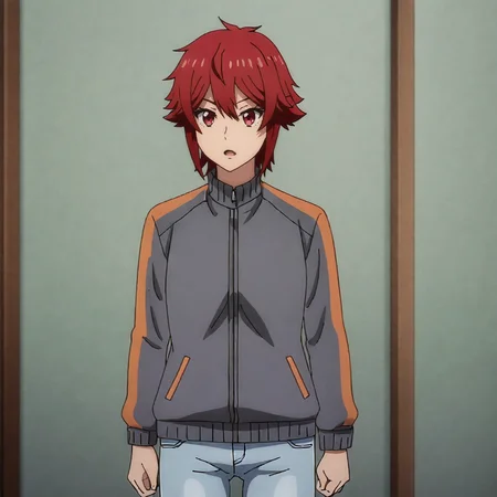 <lora:Tomo_pony_v1:.8>TomoGreyJacket, red hair, track jacket, red eyes, pants, 1girl, short hair, jeans, cowboy shot