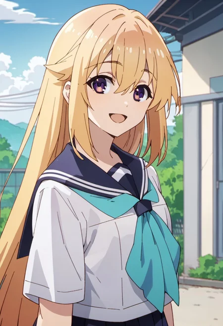 score_9, score_8_up, score_7_up, source_anime, koshi torako, long hair, blonde hair, purple eyes, 1girl, solo, school uniform, smile, looking at viewer, hair between eyes, sailor collar, open mouth, blue sailor collar, serafuku, outdoors, :d