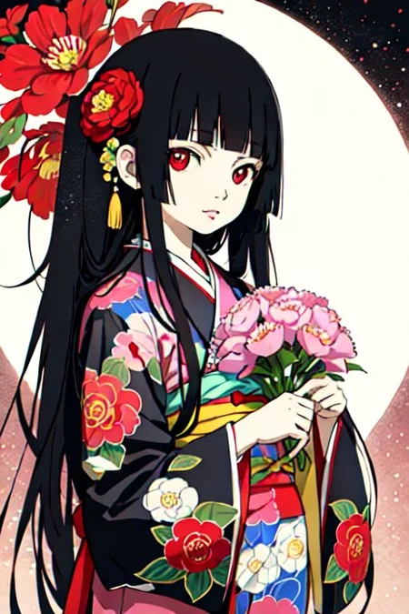 enma ai, hair down, hair black, bangs, eyes red, masterpiece, best quality, ultra-detailed, illustration, 1girl, solo, highres, photorealistic, ultra high res, (Original illustration composition), (fusion of limited color,Maximalism artstyle, kimono obi fashion, double exposure, background, illustration, Amazing, lily spider, night darkness, open one's mouth, middle finger show, bouquet flowers red, low twintails, (polychromatic peony:1.15), Movie poster,