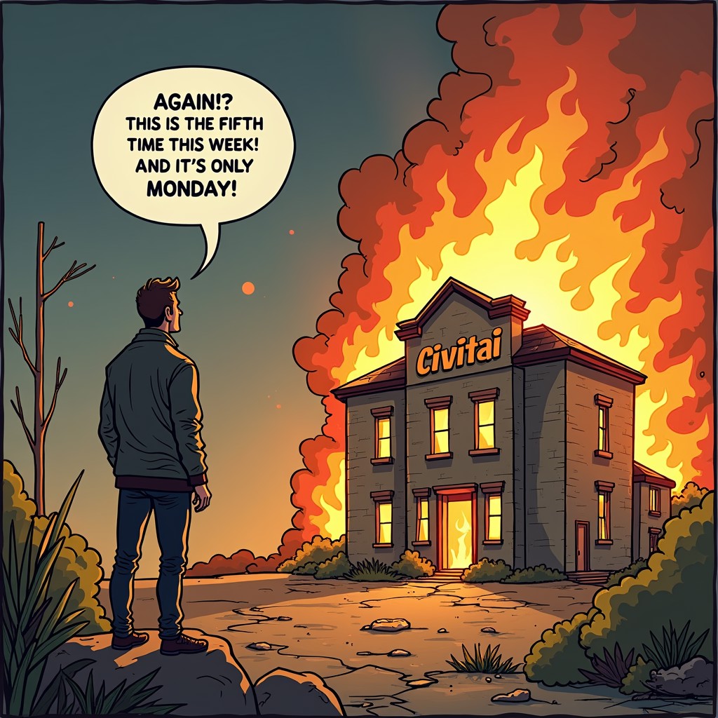 Create an image in the style of a comic about a man looking at a burning "Civitai" building and saying to himself "AGAIN!? THIS IS THE FIFTH TIME THIS WEEK! AND IT'S ONLY MONDAY!"