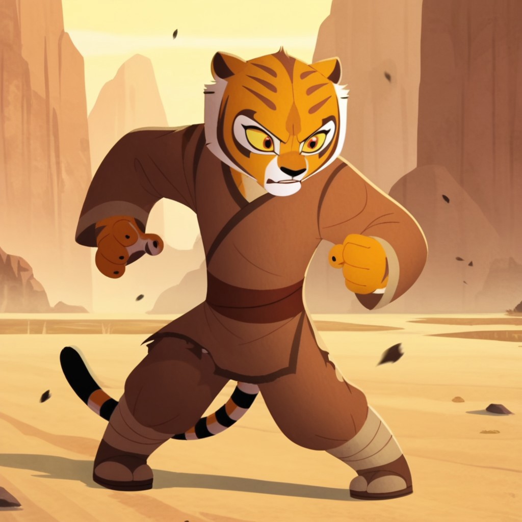 score_9, score_8_up, score_7_up, score_6_up, score_5_up, score_4_up, source_furry, tigresskfpv2, anthro, female, tiger, orange fur,  barefoot,  outside,  solo, 1girl, yellow sclera, orange eyes, brown shirt, long sleeves, colored sclera, leg wraps, sandals, fighting stance, torn sleeve, torn clothes, holes in clothes