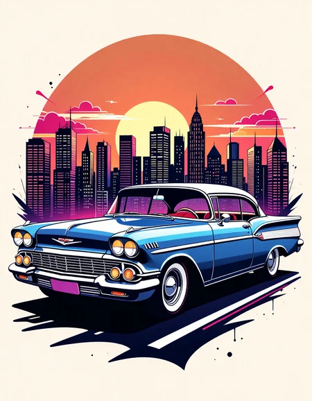 tshirt design, chevy impala hot rod, city skyline in the background, in the style of 5h1rt