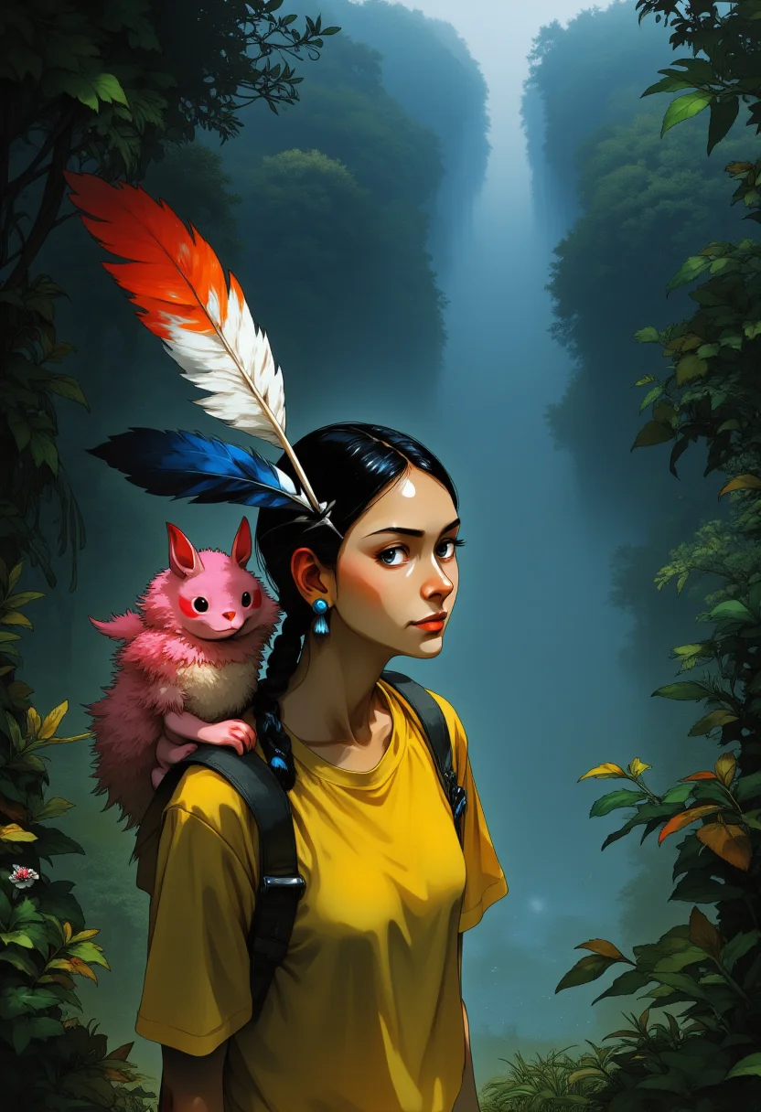 digital illustration, an American Indian woman with her feather headdress, a yellow t-shirt, a cute alien creature with pink fur on her shoulder, in front of a swamp covered in mist, wide shot, dark atmosphere, greenery, jungle, mist, complementary colors, dark, gloomy, looking at viewer, atmospheric, blue orange tones, wide angme, from above