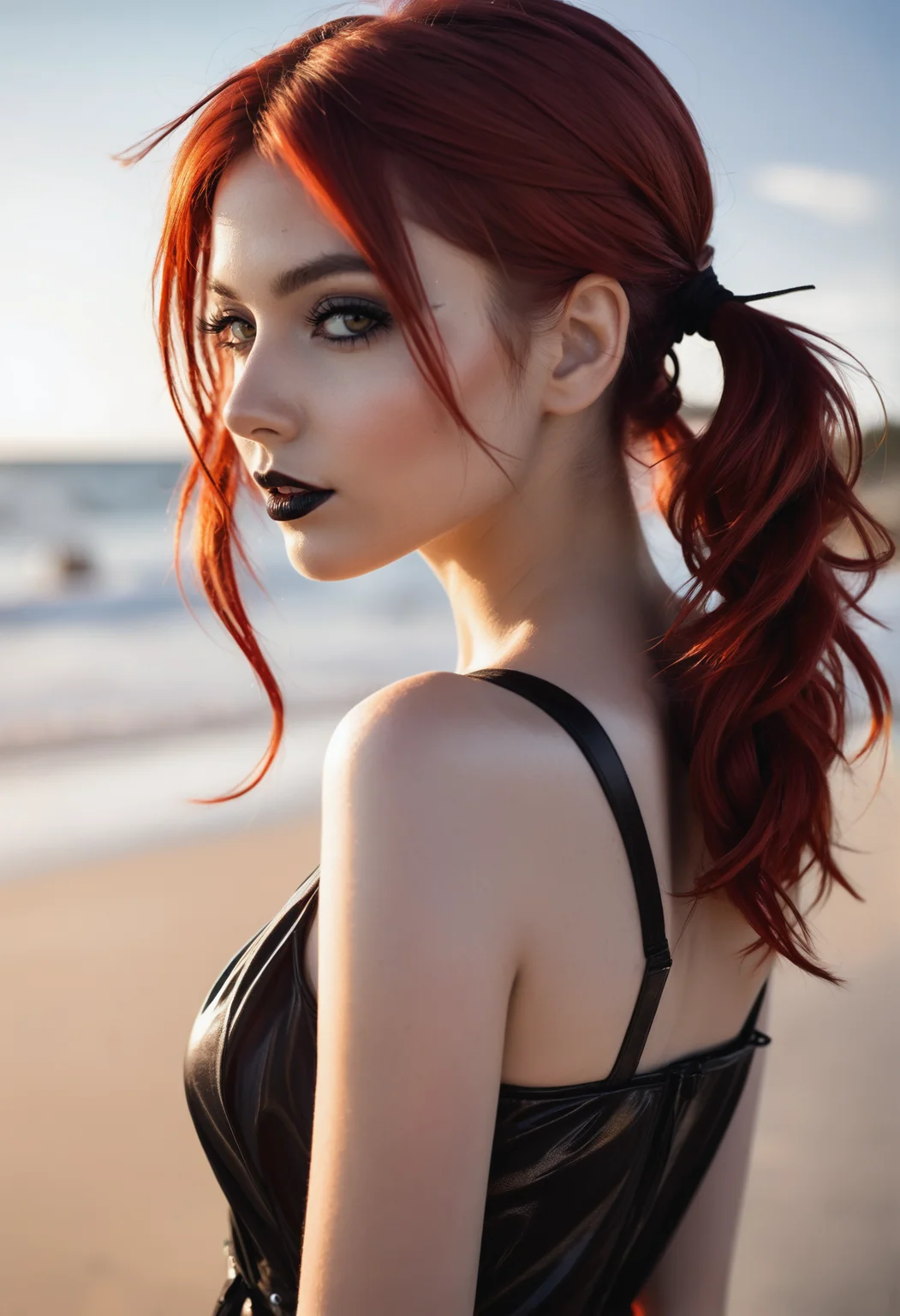 Surprise snapshot photo depicting a young italian woman, on a surreal beach with warm, natural lighting outlining her slim silhouette from the back. The closeup profile shot's focal point is on the woman's face, giving only a glimpse of her dark red top's straps. Her wide-set hazel eyes are accentuated by crimson eyeshadow with long false lashes underlining her goth style, in addition to matte black lipstick on her heart-shaped lips. Her crimson red hair is styled into a high, messy twintails style. Her expression seems charming and beckoning, her head slightly turned up, staring directly at the viewer, with a shy smile adding to the passionate mood of the image. Set on a black, sandy beach, glistening in the sunlight like a black quartz with a red morning sun low in the cloudless sky, indicating an early hour around sunrise.