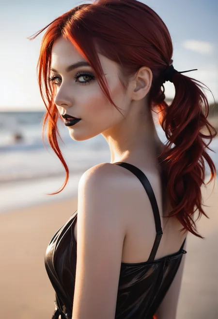 Surprise snapshot photo depicting a young italian woman, on a surreal beach with warm, natural lighting outlining her slim silhouette from the back.  The closeup profile shot's focal point is on the woman's face, giving only a glimpse of her dark red top's straps.  Her wide-set hazel eyes are accentuated by crimson eyeshadow with long false lashes underlining her goth style, in addition to matte black lipstick on her heart-shaped lips.  Her crimson red hair is styled into a high, messy twintails style. Her expression seems charming and beckoning, her head slightly turned up, staring directly at the viewer, with a shy smile adding to the passionate mood of the image.  Set on a black, sandy beach, glistening in the sunlight like a black quartz with a red morning sun low in the cloudless sky, indicating an early hour around sunrise.