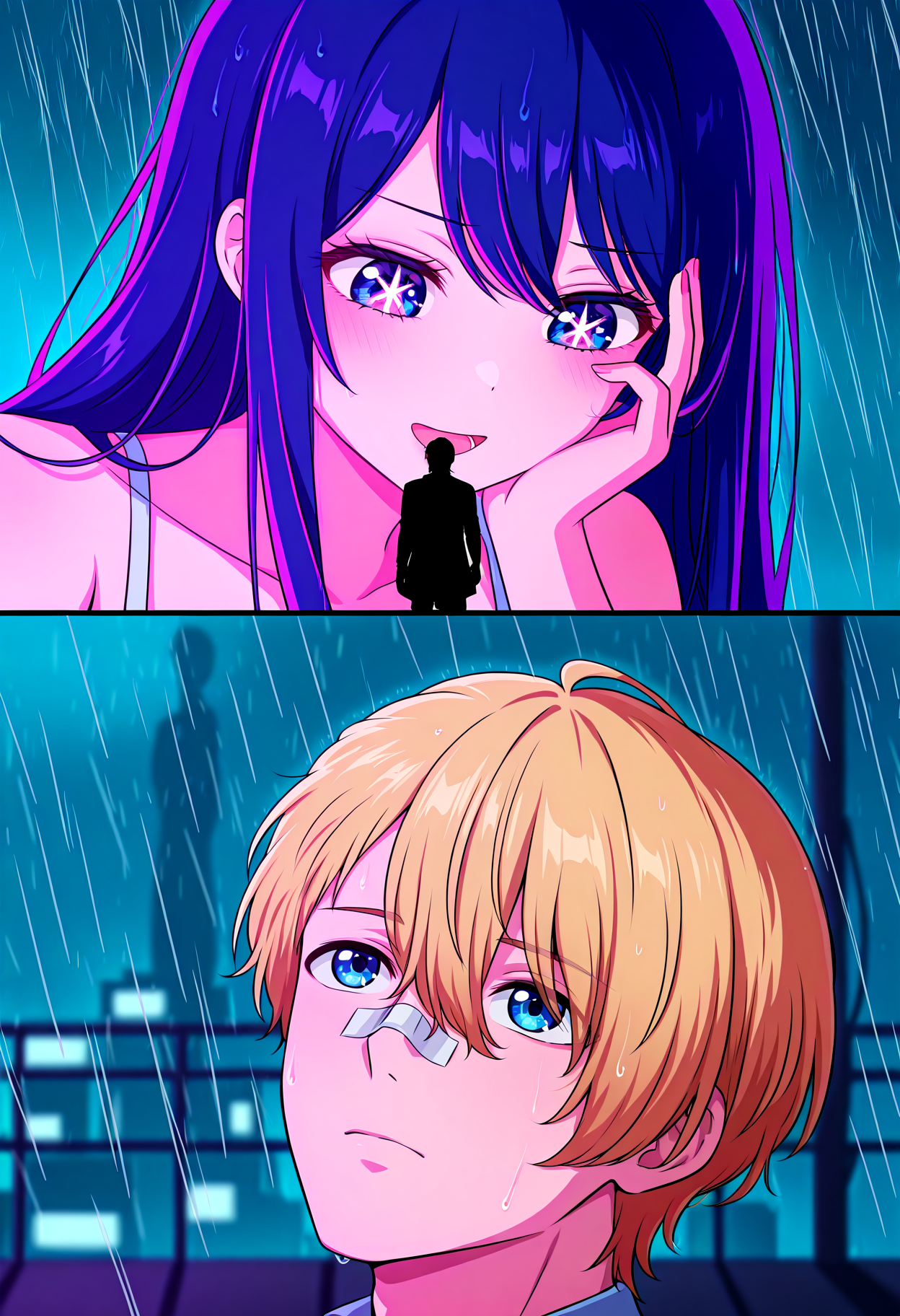 masterpiece, best quality, absurdres, goslingposting_(meme), comic, 2koma, scene reference, night, neon palette, rain,
BREAK
1girl, 1boy, (hoshino ai, giantess, hologram, looking down, looking at another, upper body, open mouth, hand on own cheek), (hoshino aquamarine, from behind, silhouette)
BREAK
1boy, hoshino aquamarine, tears, looking up, bandaid, bandaid on nose, closed mouth, blurry background,
<lora:goslingposting_meme:1>