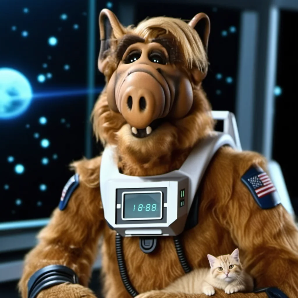 Alf1024, humanoid alien, full body, wears a spacesuit, with a big cat, in spaceship, detailed eyes, highly detailed, photography, ultra sharp, film, bokeh, professional, 4k <lora:add-detail-xl:1.5> <lora:Alf1024:0.8>