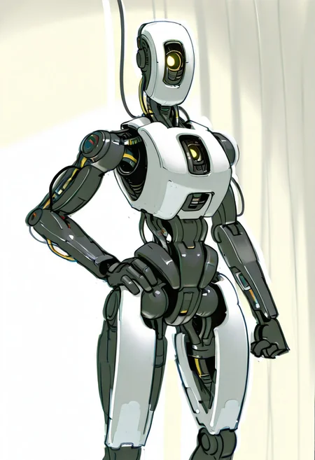 Anthro_Glados, Glados, general, solo, looking at viewer, standing, yellow eye, sketch, hand on hip, no humans, looking down, robot, wires, cables, clenched hand, science fiction, one-eyed, humanoid robot, redesign, photoshoot, studio lighting, mecha, robotics, mechanical parts, Evil_Eyes