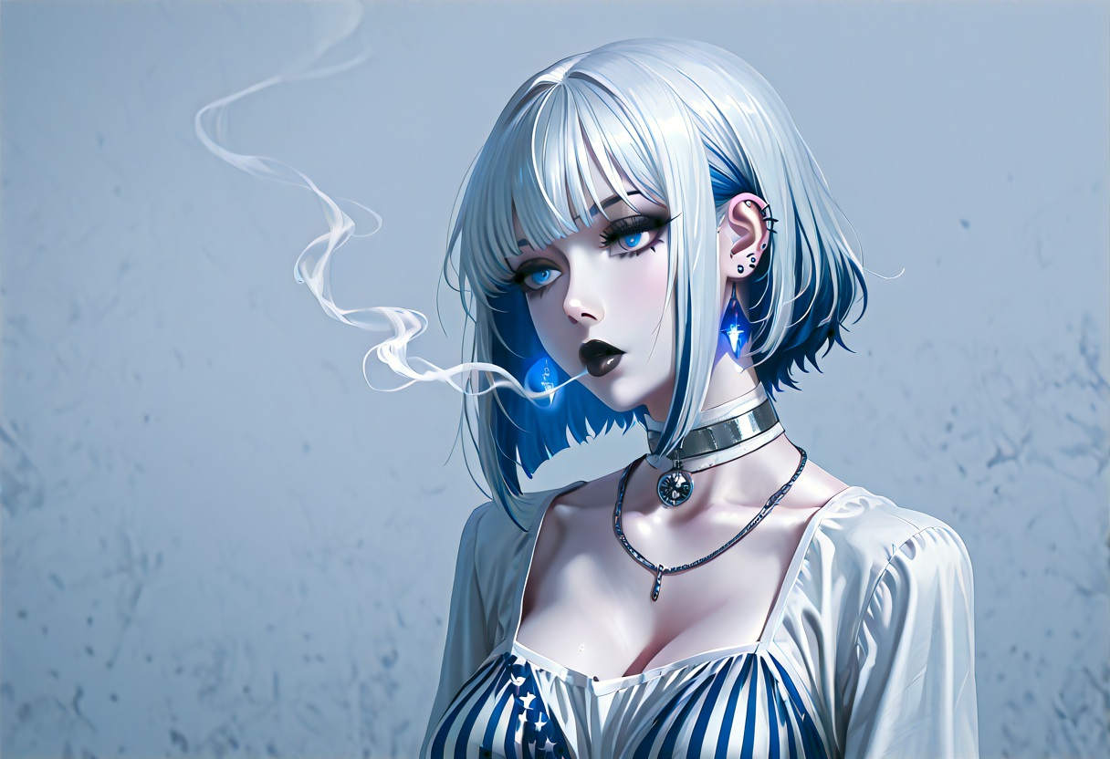 score_9,score_8_up,score_7_up, 1girl, solo, (American Flag, USA theme), Dutch tilt, blacklight, intense stare, (goth, black lipstick, silver jewelry, silver piercings, black mascara, black eyeshadow), (hourglass), (<lora:Underdye_hairstyle__Peekaboo_Hairstyle:1> underdye_hairstyle, two-tone hair,  White outer hair, Blue and Red inner hair),choker, (pale glowing skin), Big breasts, covered crotch, (blowing smoke after a drag), (red white and blue fancy dress, white trim, goth),silent bog bane coliseum USA background,  <lora:RadioHeadLess:1>