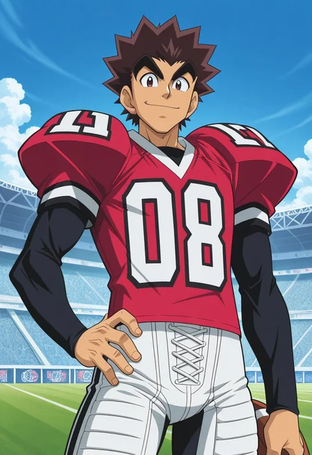 official art, male, High Quality, perfect anatomy, HD, anime style, break
TAROU RAIMON, 1boy, alone, brown hair, big human ears, thick eyebrows, dark brown eyes, athletic build, smiling, posing, looking at viewer, football uniform, tight uniform, red and white uniform, football field