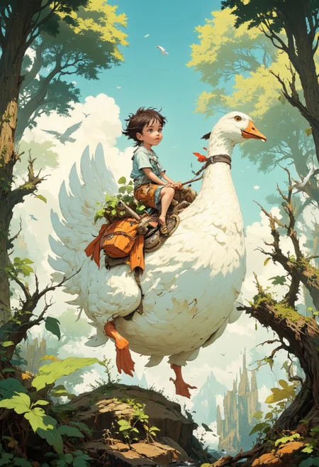 A whimsical and nostalgic scene of a young boy riding a giant white goose, accompanied by other birds in a lush, tranquil forest setting. The atmosphere is vibrant and magical, evoking a sense of adventure and harmony with nature. Rendered in a soft, storybook illustration style with warm, earthy tones and delicate textures. The image captures a playful yet serene moment, perfect for a children’s tale or fantasy narrative.