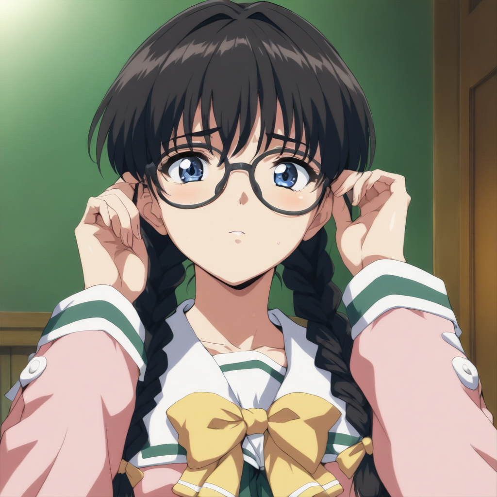 masterpiece,high score,great score,absurdres,solo,looking at viewer,upper_body,portrait,school_uniform,twin braids,pink long sleeves,yellow bow,green skirt,<lora:Shiho_Replay ag4o v1:1> shiho_replay, glasses, black hair, long hair, blue eyes,