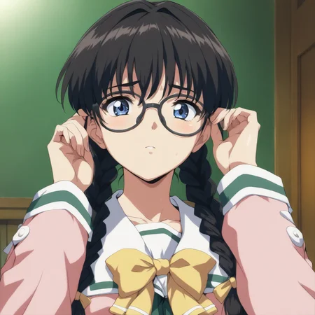 masterpiece,high score,great score,absurdres,solo,looking at viewer,upper_body,portrait,school_uniform,twin braids,pink long sleeves,yellow bow,green skirt,<lora:Shiho_Replay ag4o v1:1> shiho_replay, glasses, black hair, long hair, blue eyes,