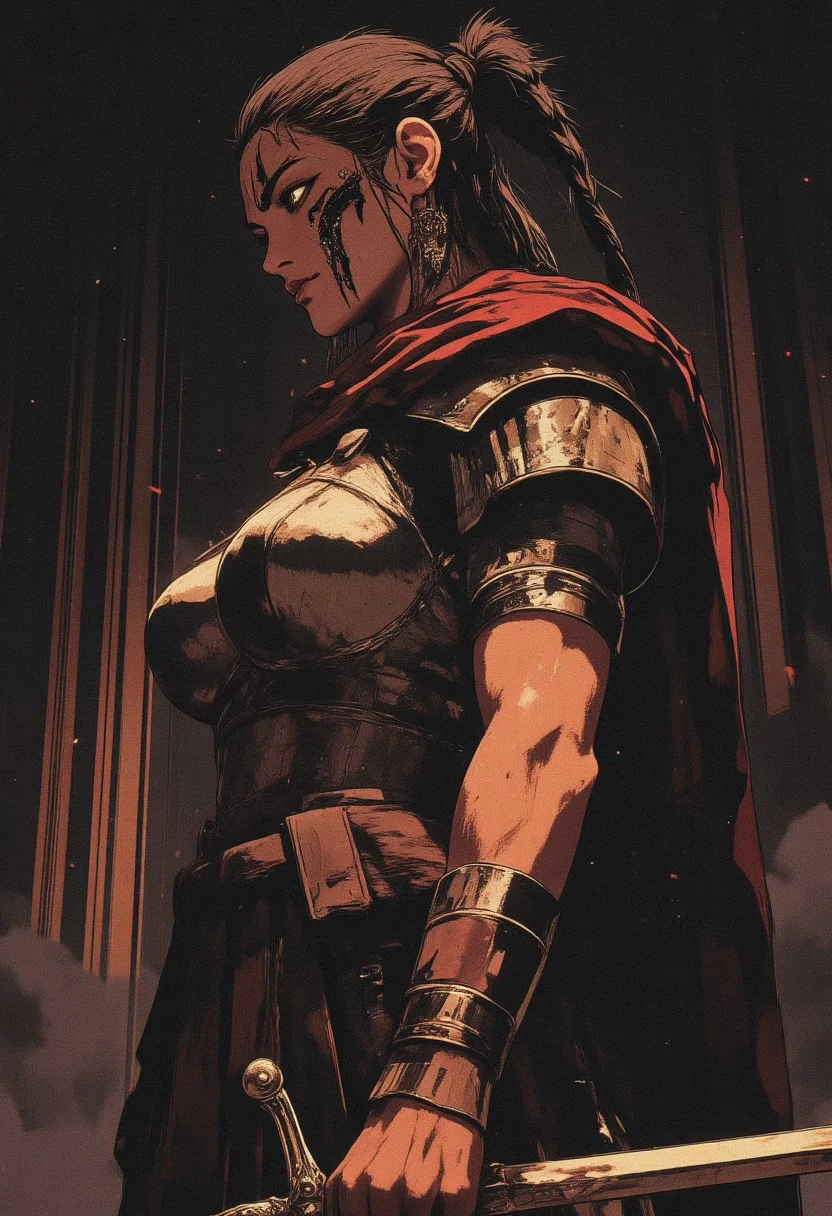Female Roman soldier, Revenant, war paint, face paint, eye black, glowing eyes, in profile, toned arms, braided hair, battle damaged armor, large breasts, breast plate, dark and moody background, adds a dramatic tone, subtle lighting reflections, ray traced, foreshortening, particle effect, Holding a sword,
